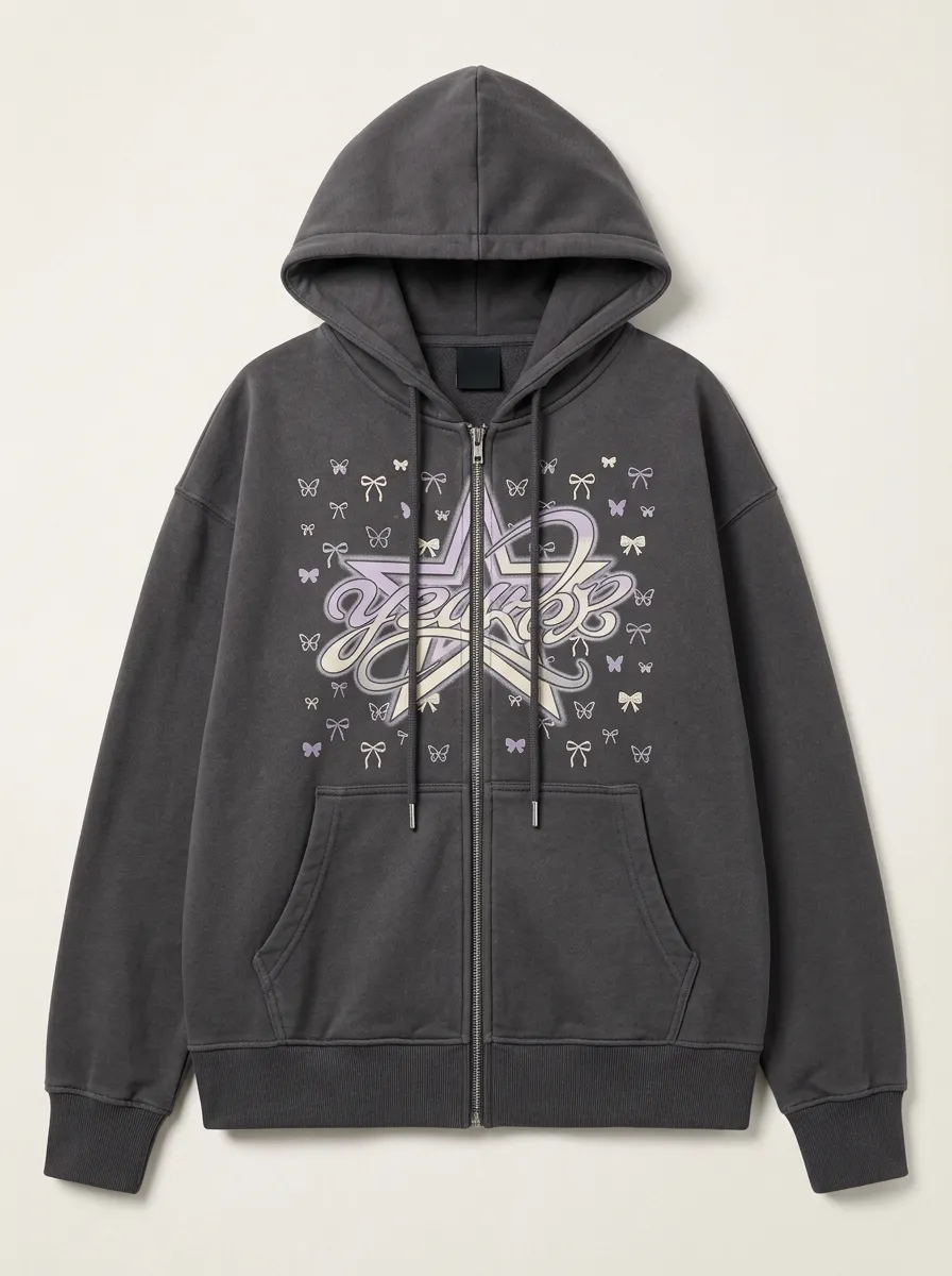 Unisex Streetwear Y2K Star Butterfly Bow Printed Zip-up Hoodie