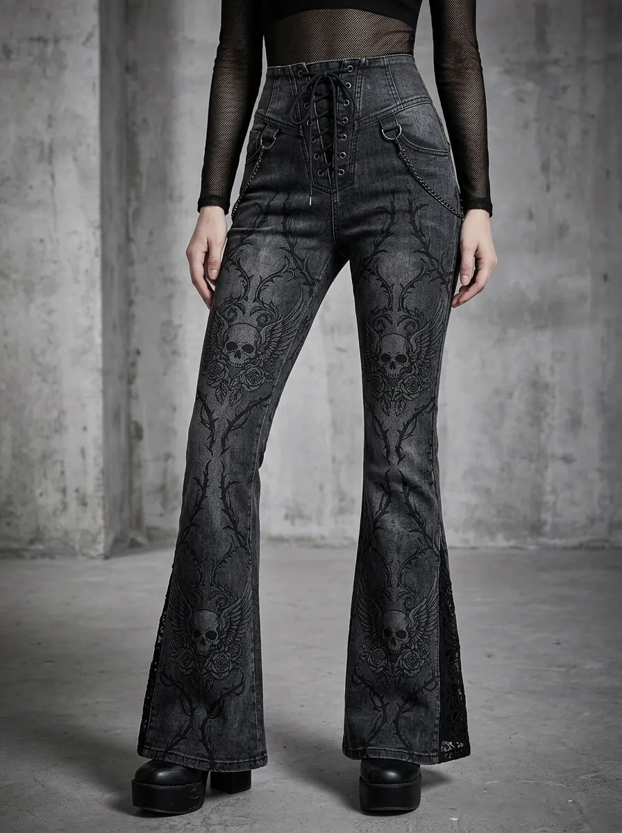 Alternative Skull Floral Lace Punk Look Women's Gothic Flare Pants