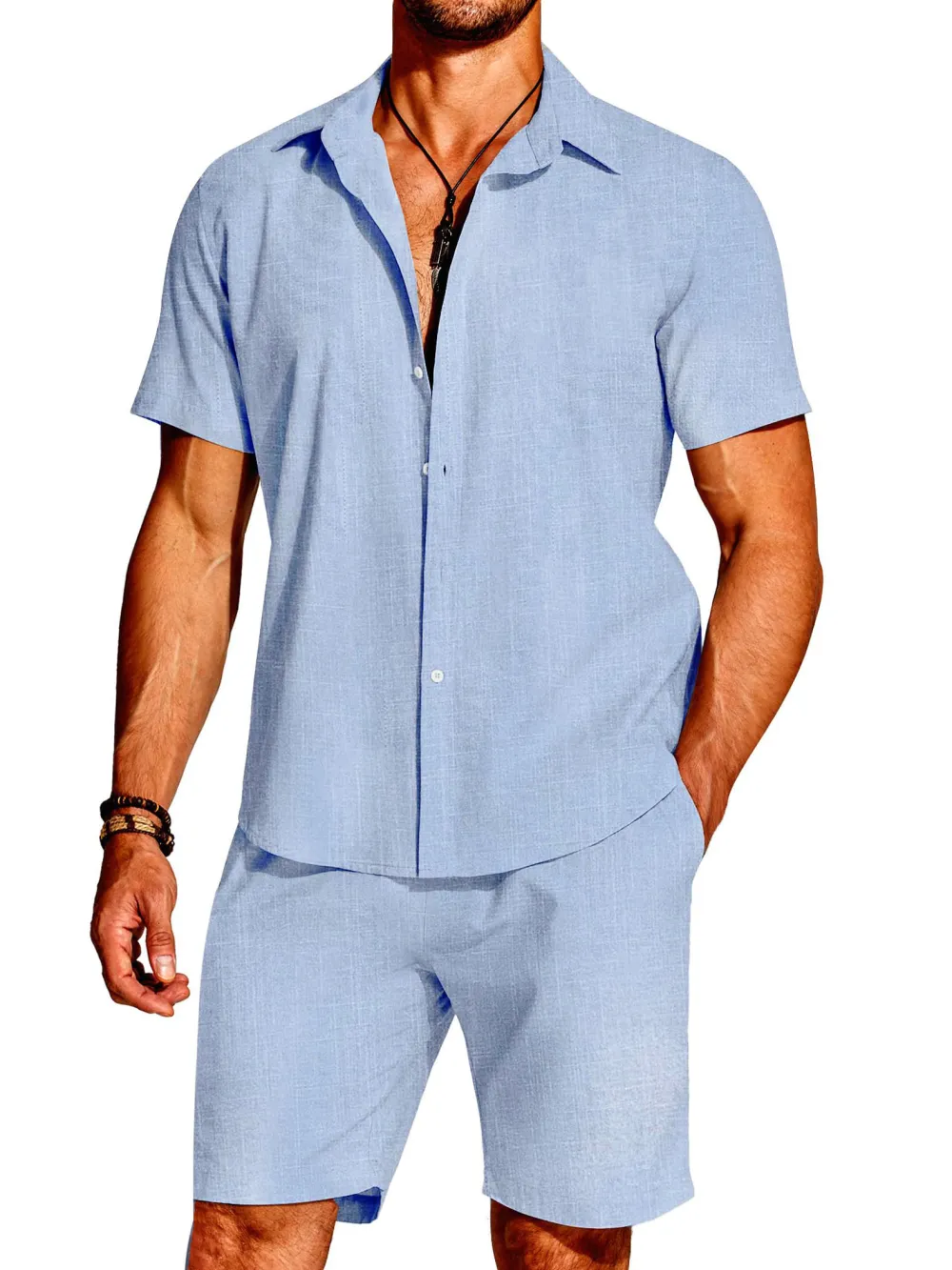 Linen Blend Short Sleeve Shirt Set