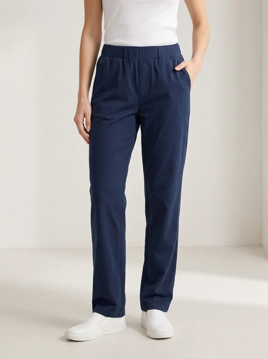 Women's Elastic Waist Straight Leg Pants in Navy Blue