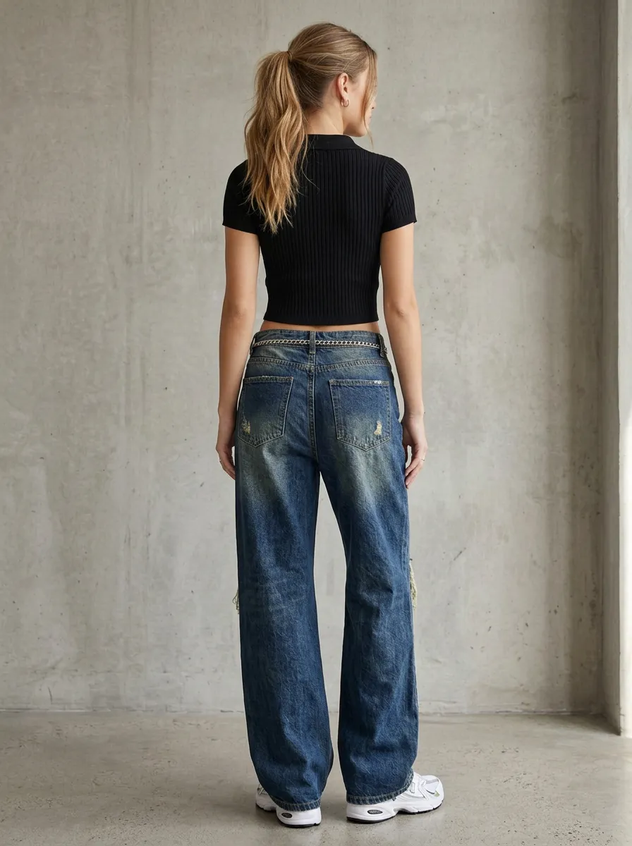 Women's Classic Y2K Vintage Distressed Wide Leg Denim Baggy Jeans