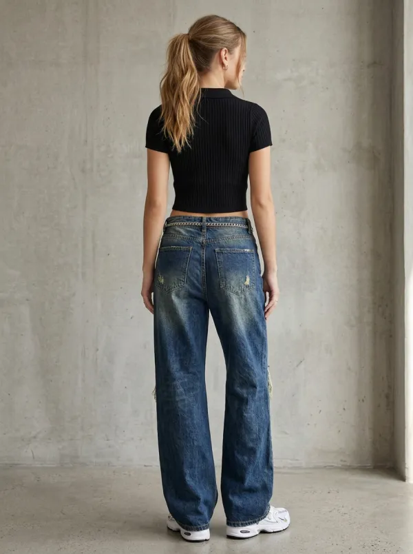 Women's Classic Y2K Vintage Distressed Wide Leg Denim Baggy Jeans