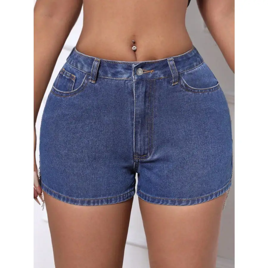Buttoned Pocketed Fringe Detail Denim Shorts