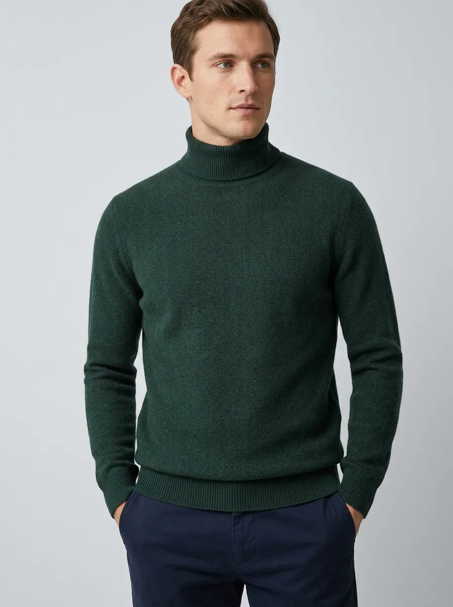 Men's Refined Herringbone Knit Turtleneck Sweater
