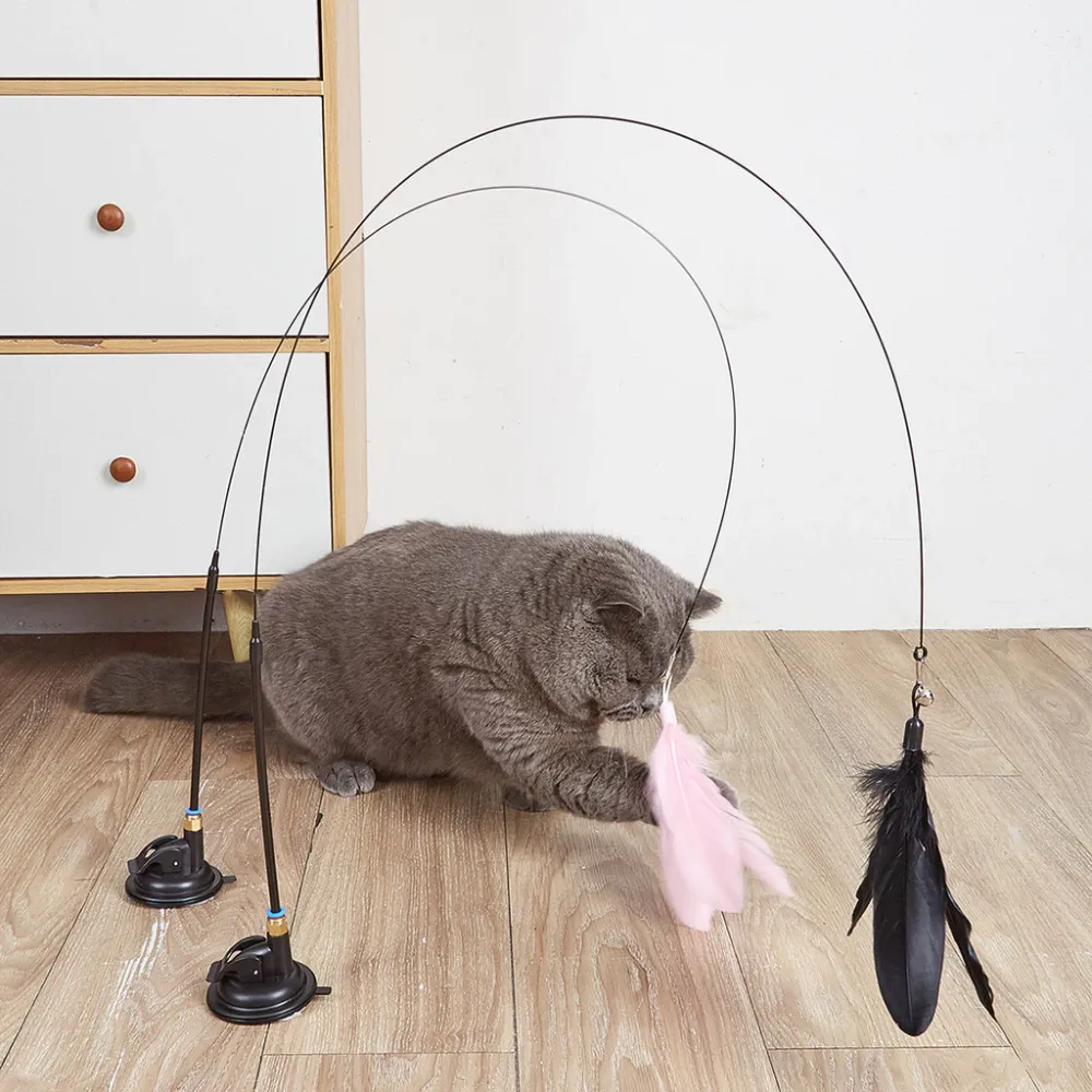 Upgraded Suction Cup Wire Cat Wand with Cat Head Shape Cat Toy