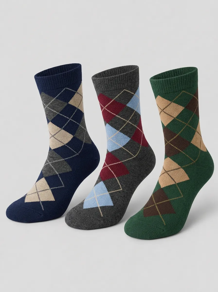 Men's Multicolor Argyle Pattern Ribbed Crew Socks 3-Pack