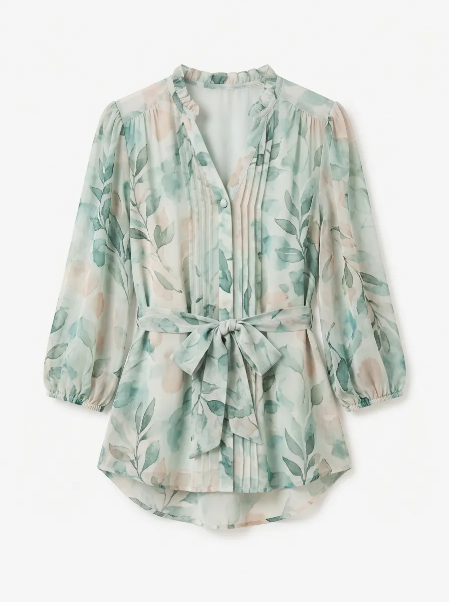 Women's Floral Watercolor Leaf Printed Pleated Belted Blouse