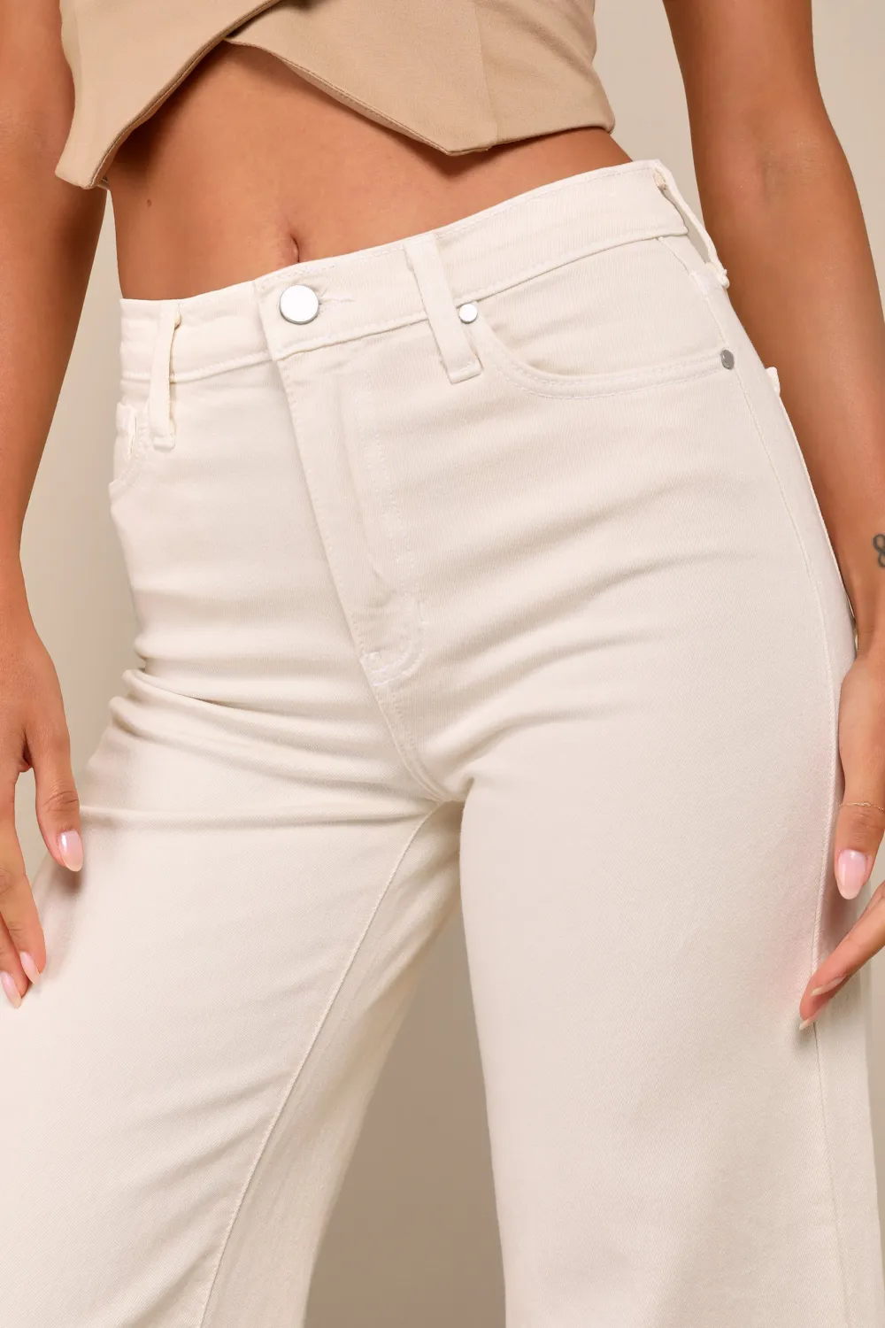 Casual Style Cream Wide-Leg Raw Hem Jeans