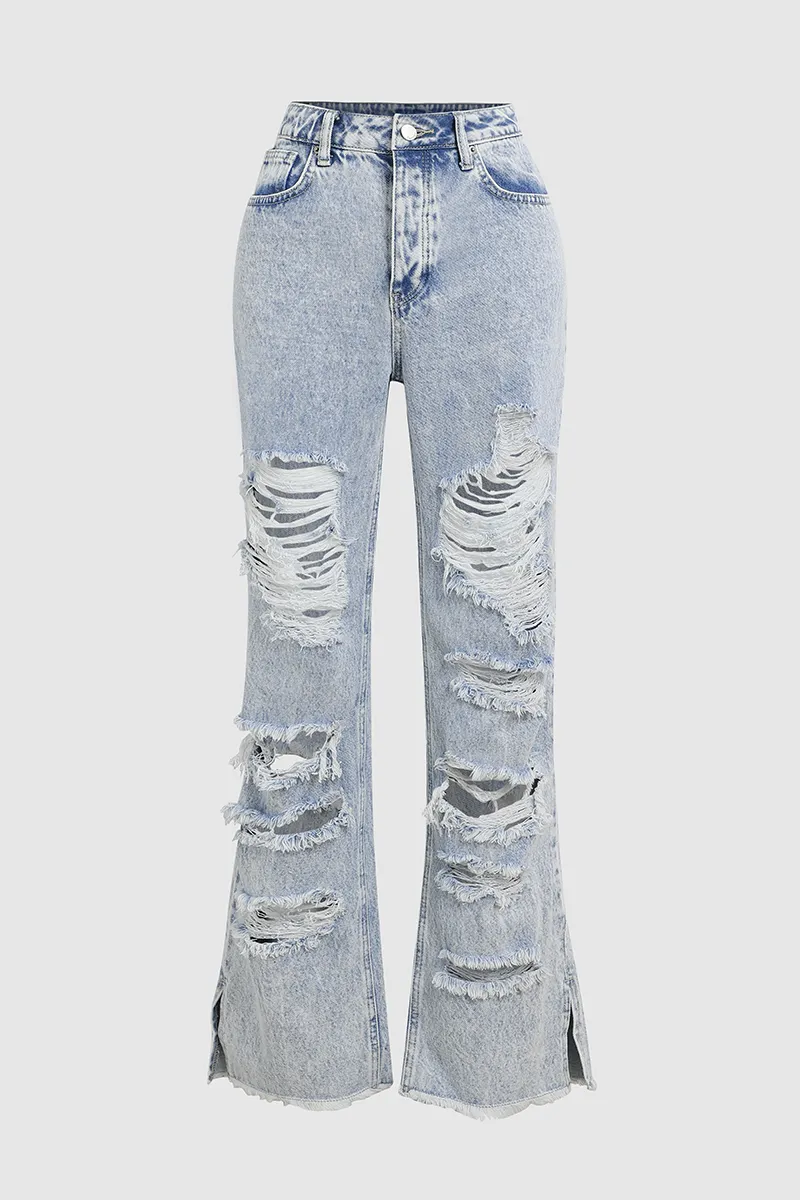 Distressed Frayed Split Hem Straight Leg Jeans