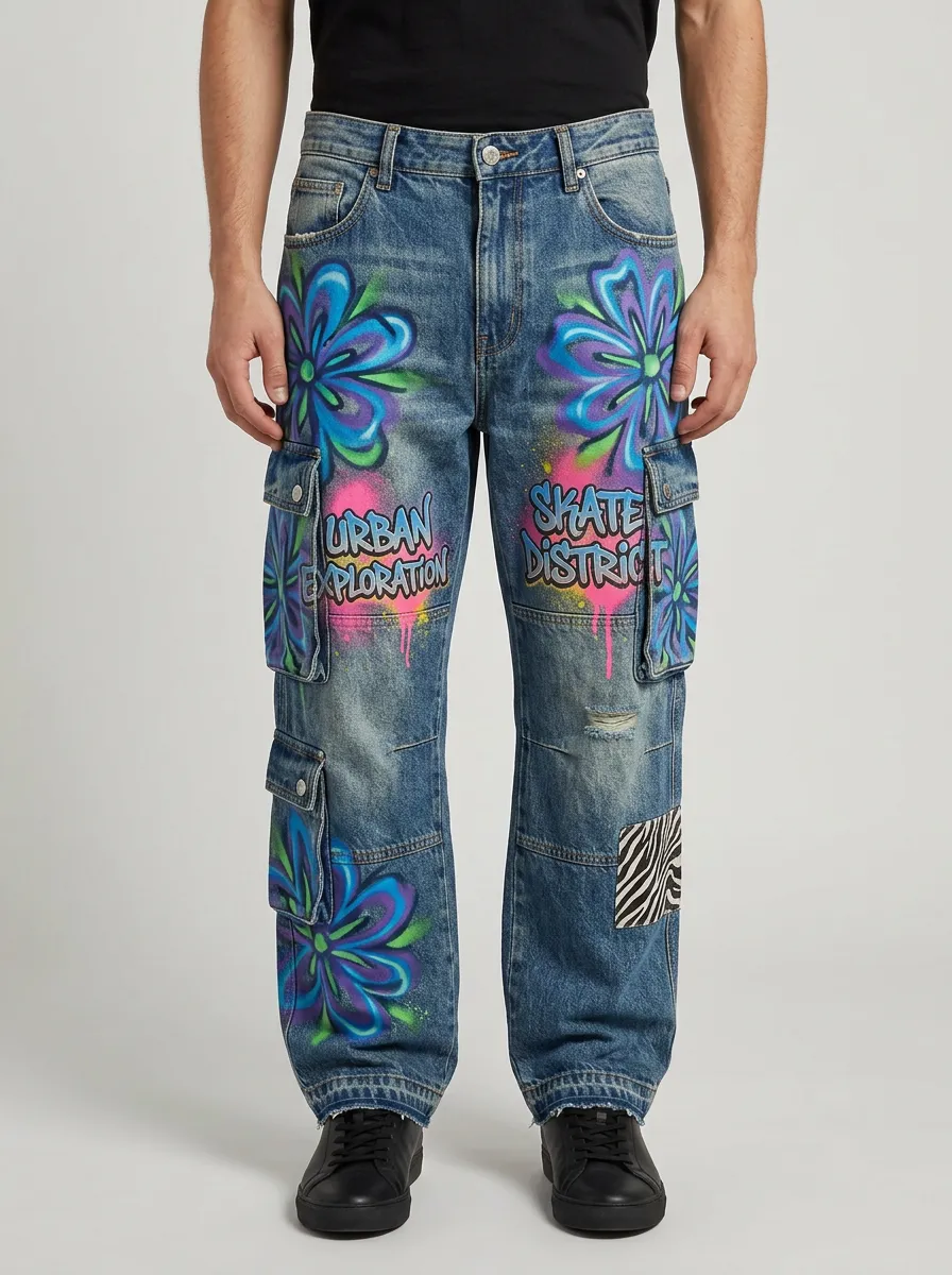 Men's Streetwear Urban Exploration Graffiti Flower Graphic Cargo Jeans