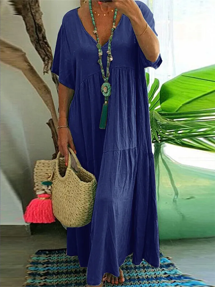 V-Neck Short Sleeve Pleated Midi Dress