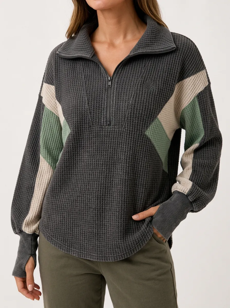 Clean Contemporary Colorblock Waffle Knit Quarter Zip Pullover Top