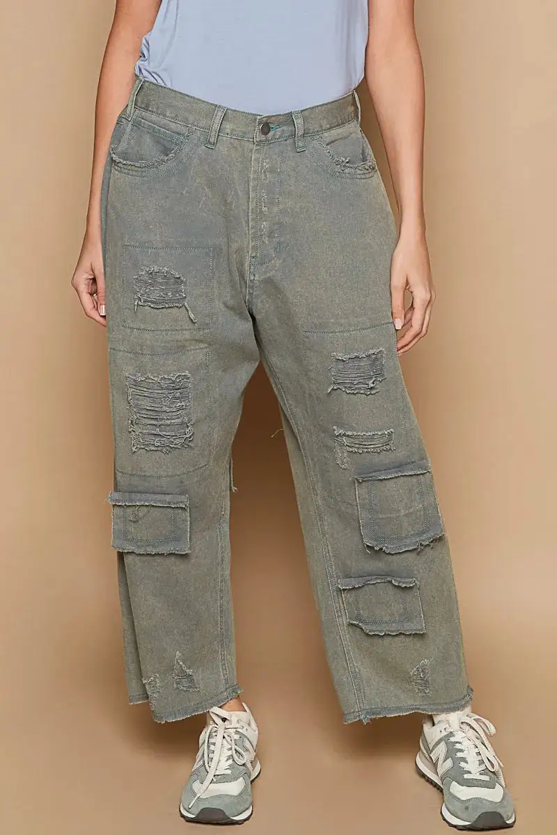 Wide Leg Distressed Cropped High Waist Pants