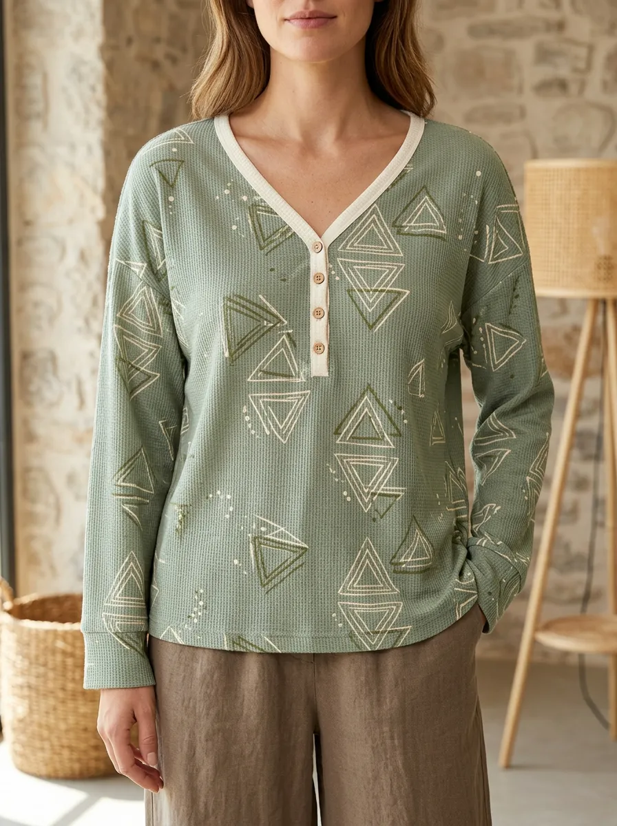 Women's Geometric Triangle Pattern Printed Waffle Henley Shirt