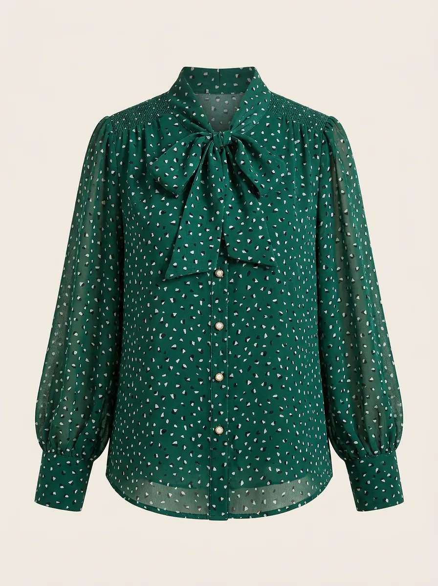 Women's Green Polka Dot Bow Tie Printed Chiffon Blouse