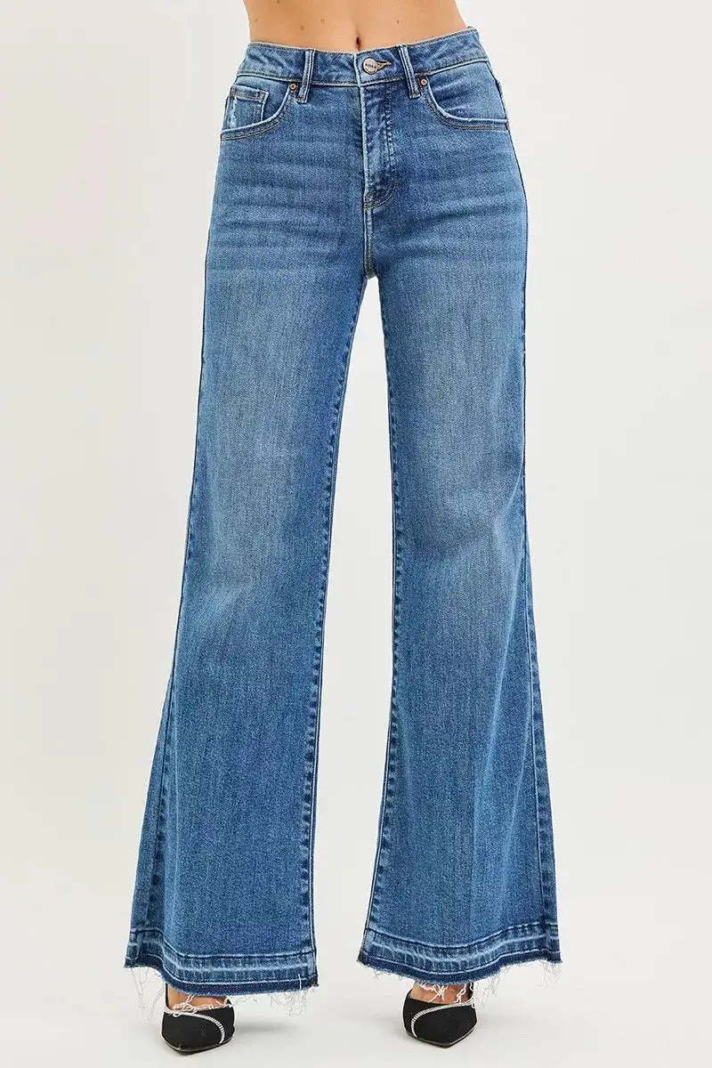 Denim High Rise Wide Leg Raw Hem Jeans