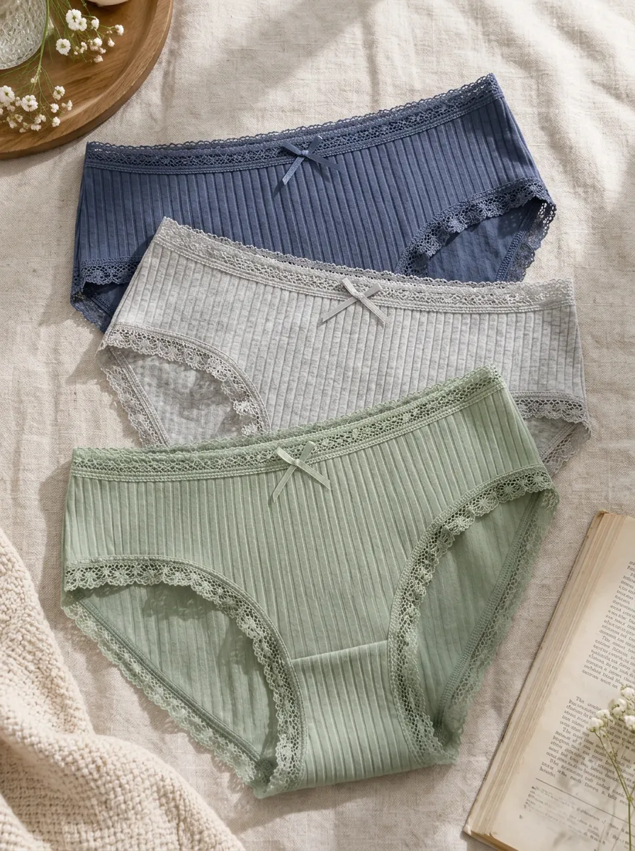 Women's Lace Trim Bow Detail Ribbed 3-Pack Panty Set