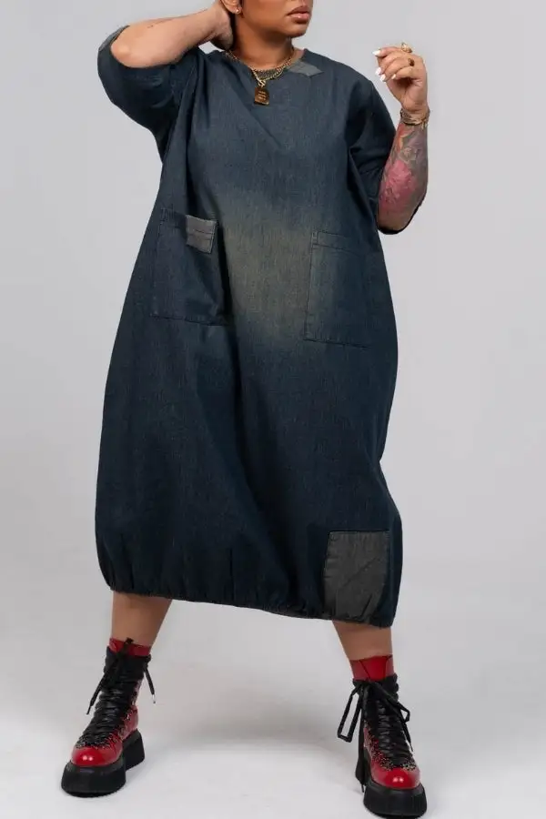 Multicolor Patches Denim Round Neck Relaxed Bubble Midi Dress
