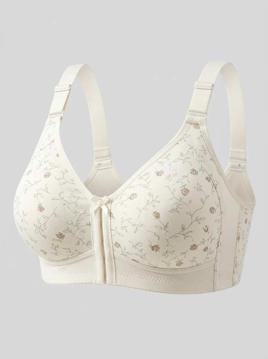 Women's Plus Size Off-White Rose Floral Front-Closure Full-Coverage Wireless Bra