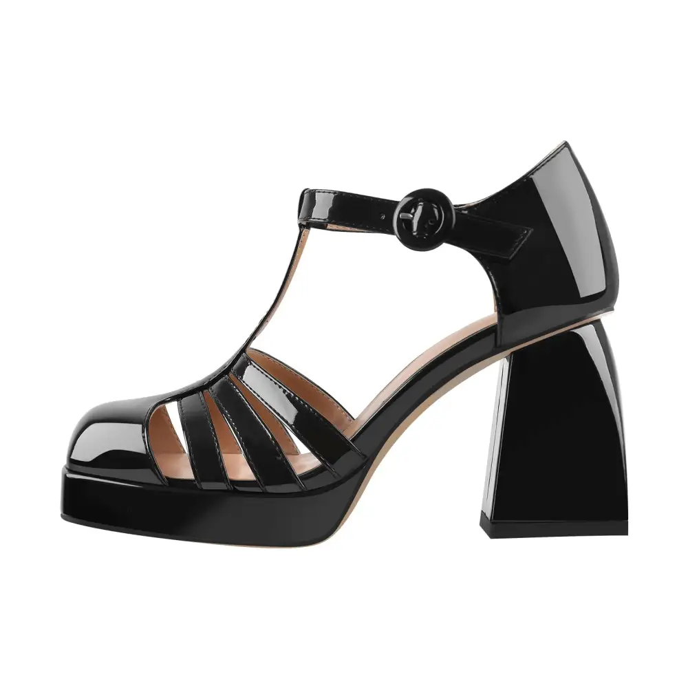Patent Finish Square Toe Low Platform Chunky Heel Pumps
