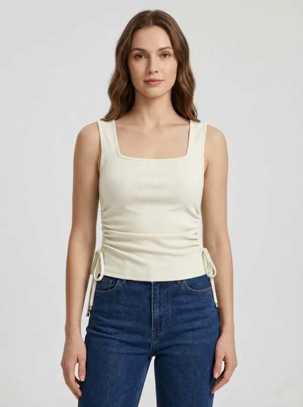 Square-Neck Ruched Ribbed Tank Top