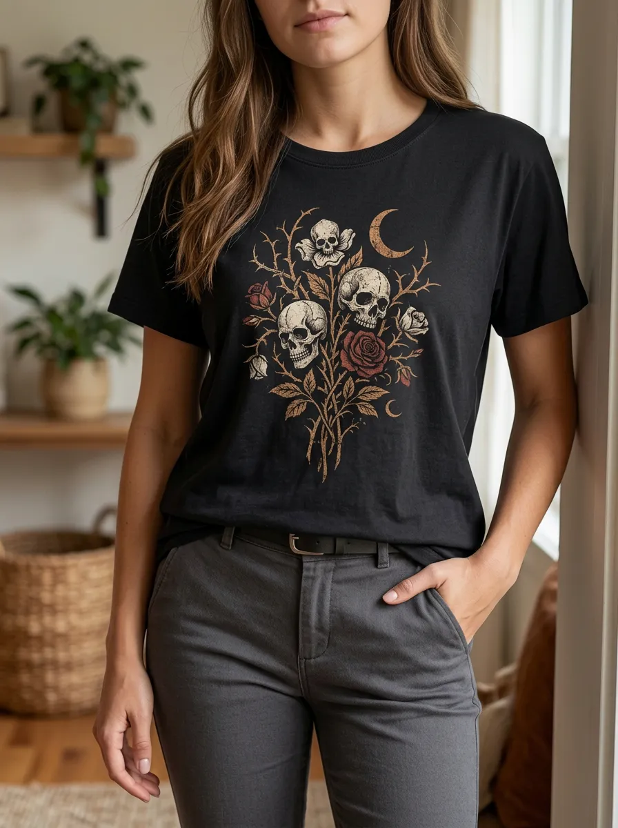 Women's Halloween Gothic Skull Rose Moon Crew Neck Graphic T-Shirt