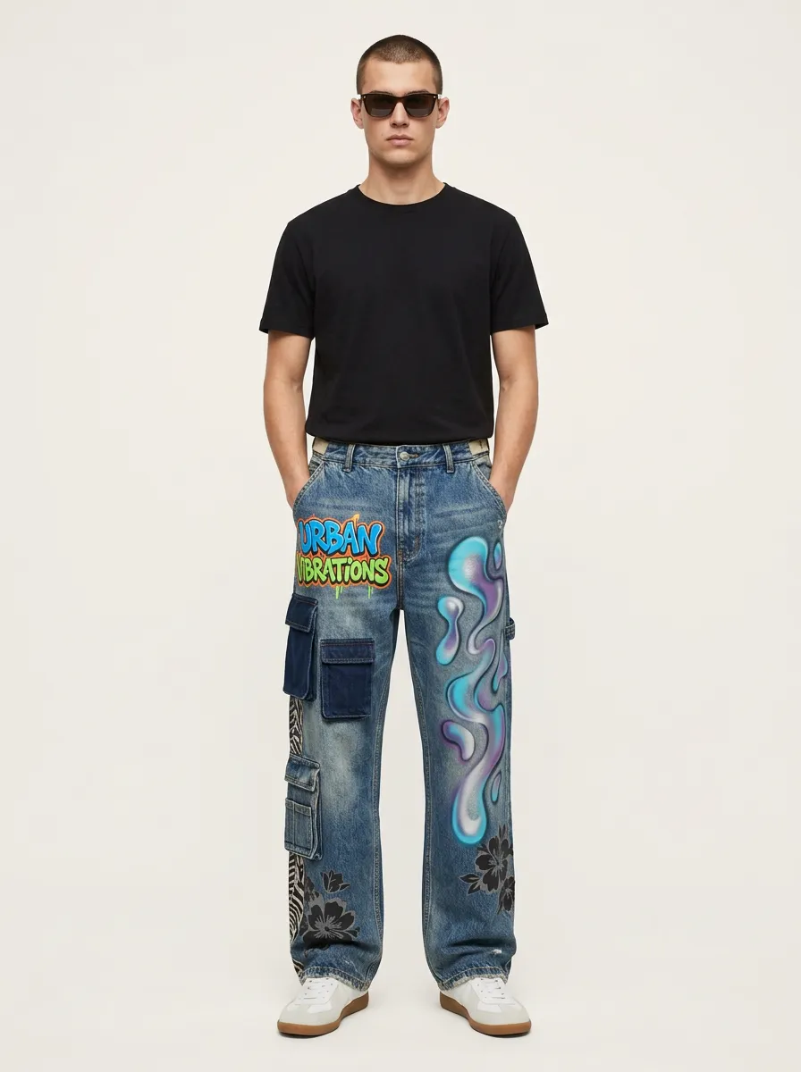 Men's Streetwear Urban Vibrations Graffiti Liquid Graphic Cargo Jeans