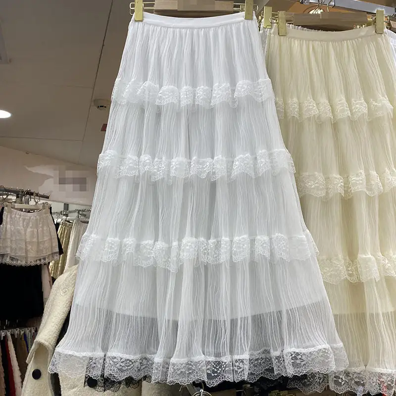 Flowing Textured Lace Insert Midi Skirt