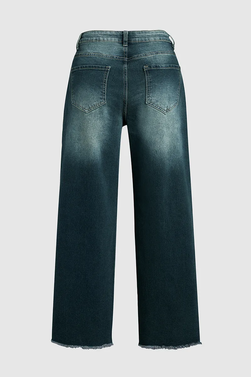 Tall Washed Raw Hem Mid Waist Wide Leg Jeans