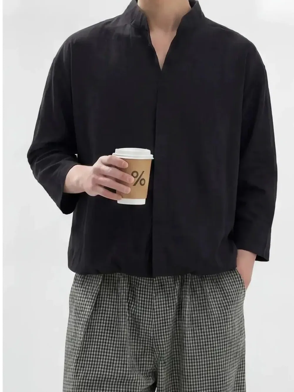 Cuffed Hem V-Neck Shirt