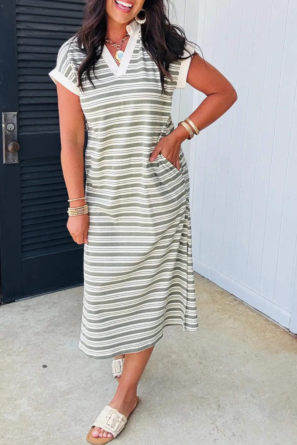 Striped Neck Sleeve Midi Dress