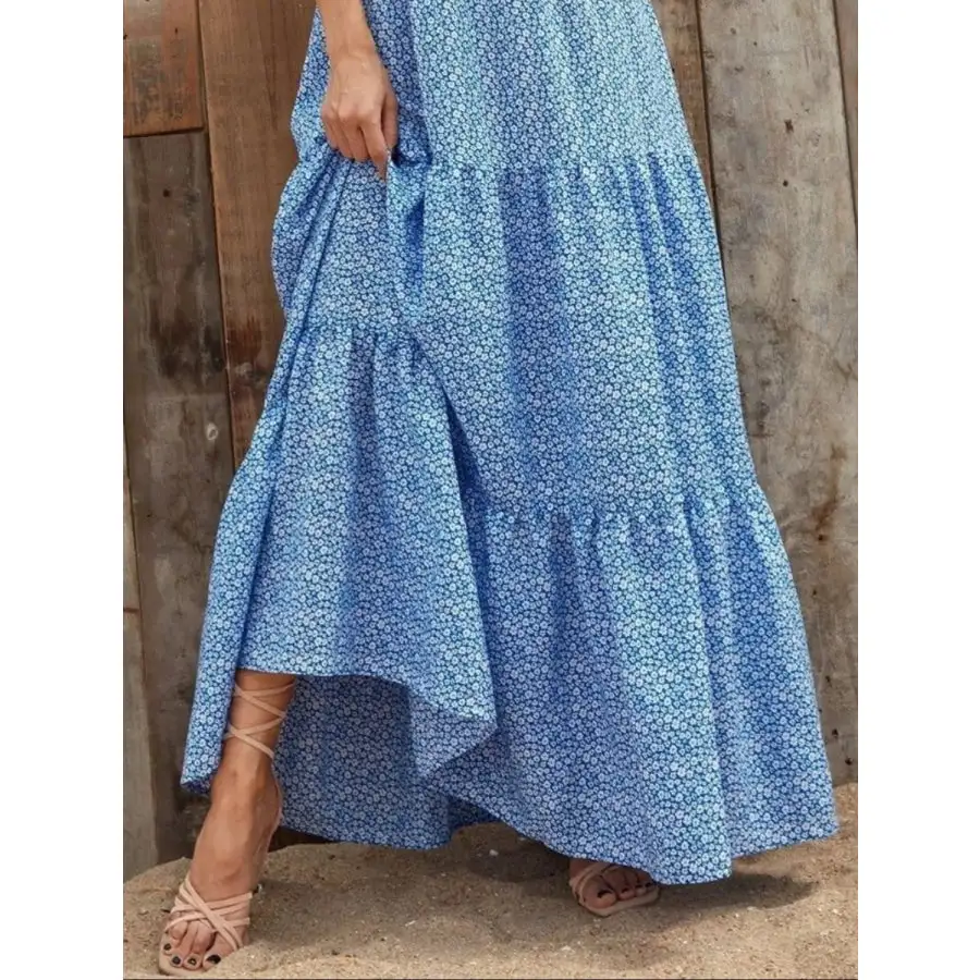 Printed V Neck Ruffled Cap Sleeve Maxi Dress