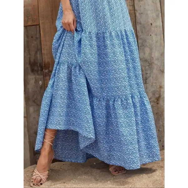 Printed V Neck Ruffled Cap Sleeve Maxi Dress