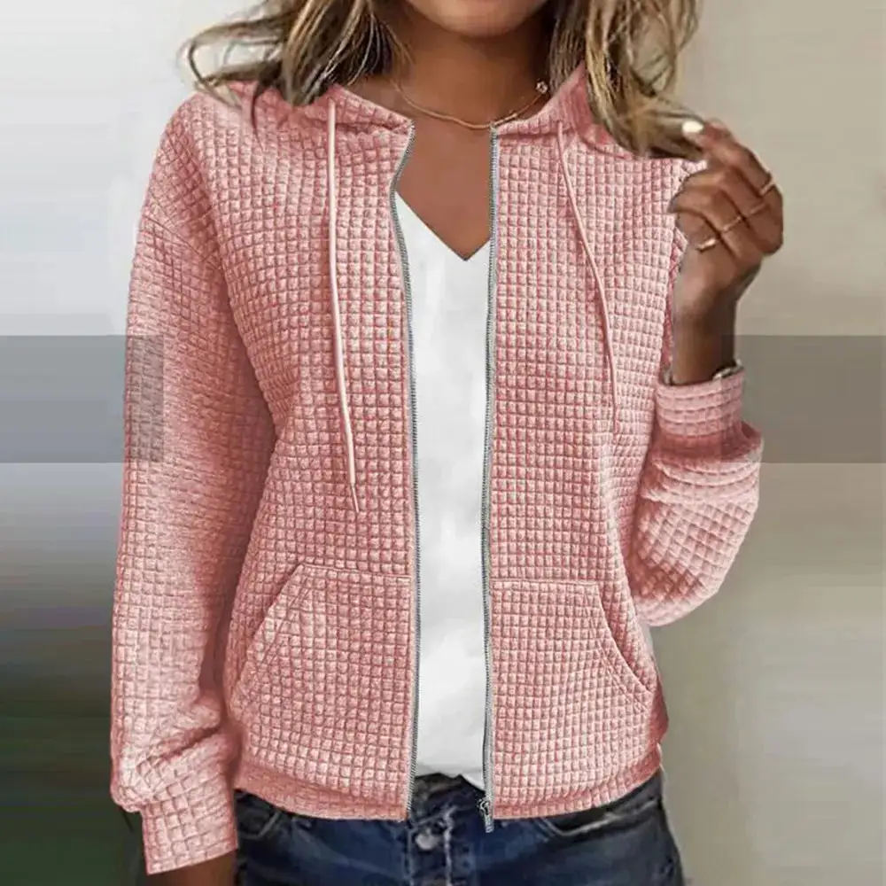  Waffle Knit Zip Up Hooded Jacket