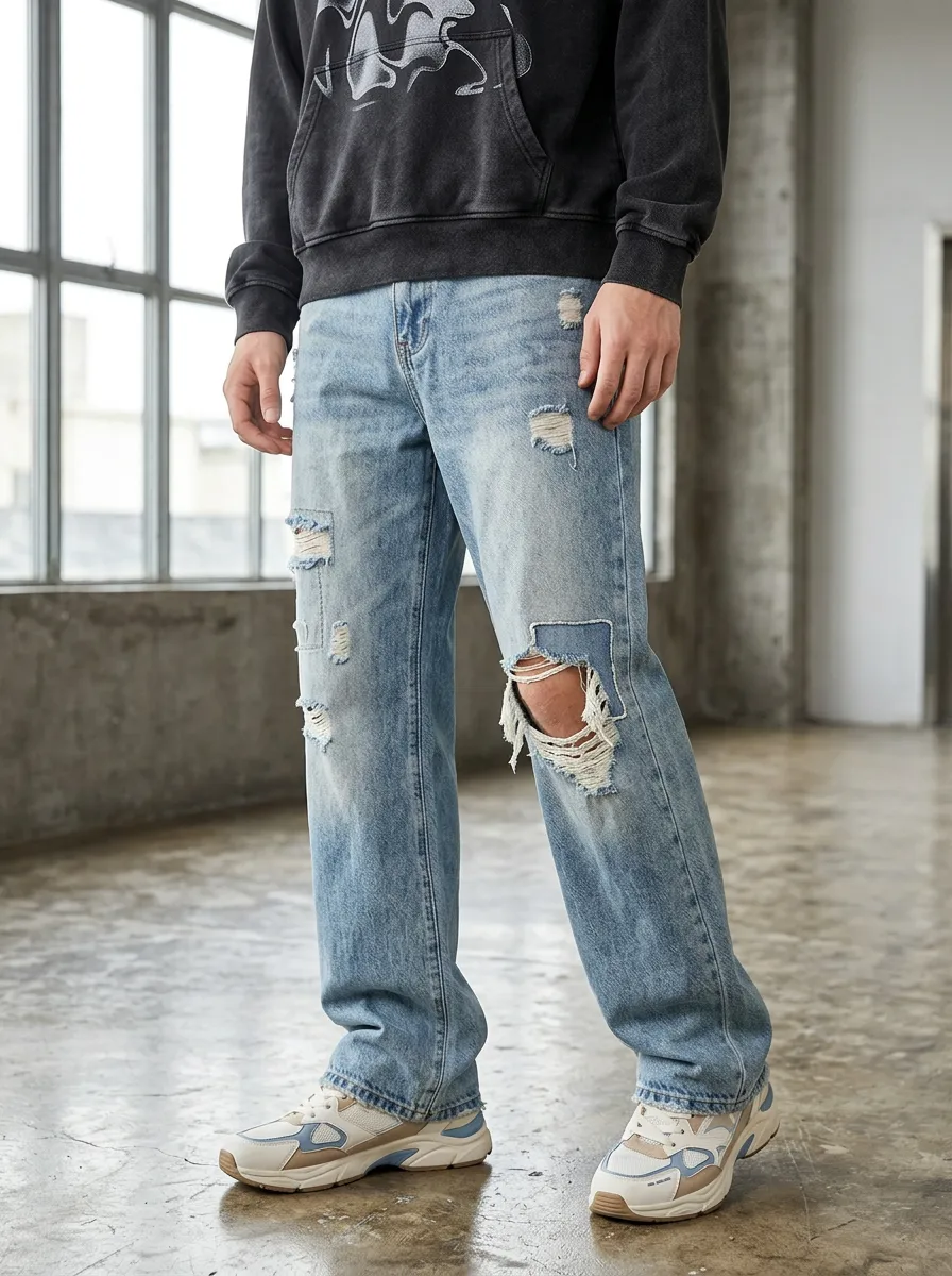 Men's Streetwear Distressed Ripped Light Wash Denim Jeans