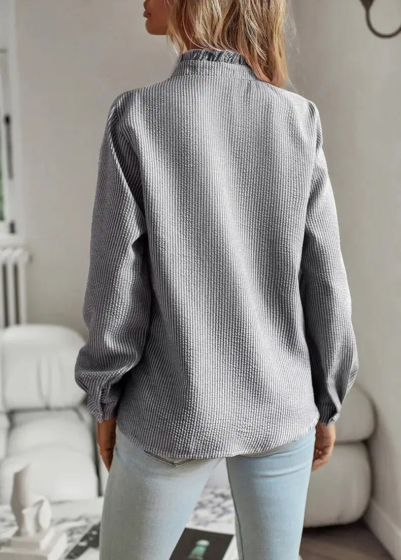 Ruffle Trim Textured Blouse Long Sleeve Button Top