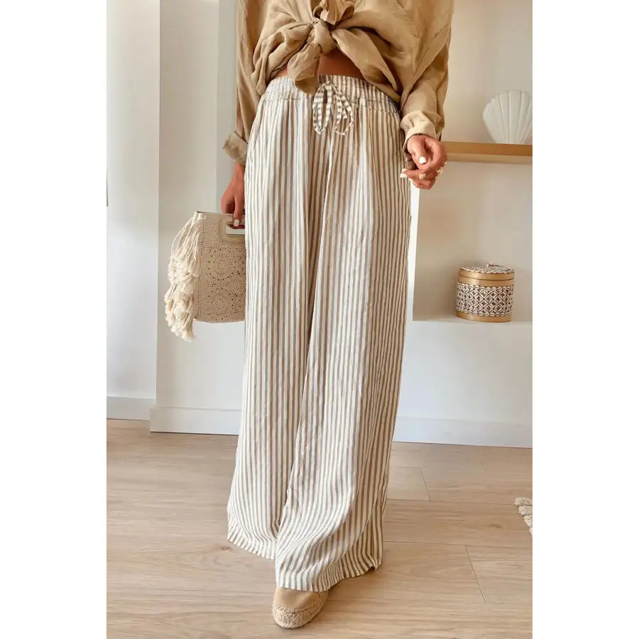 Pocketed Striped Wide Leg Pants