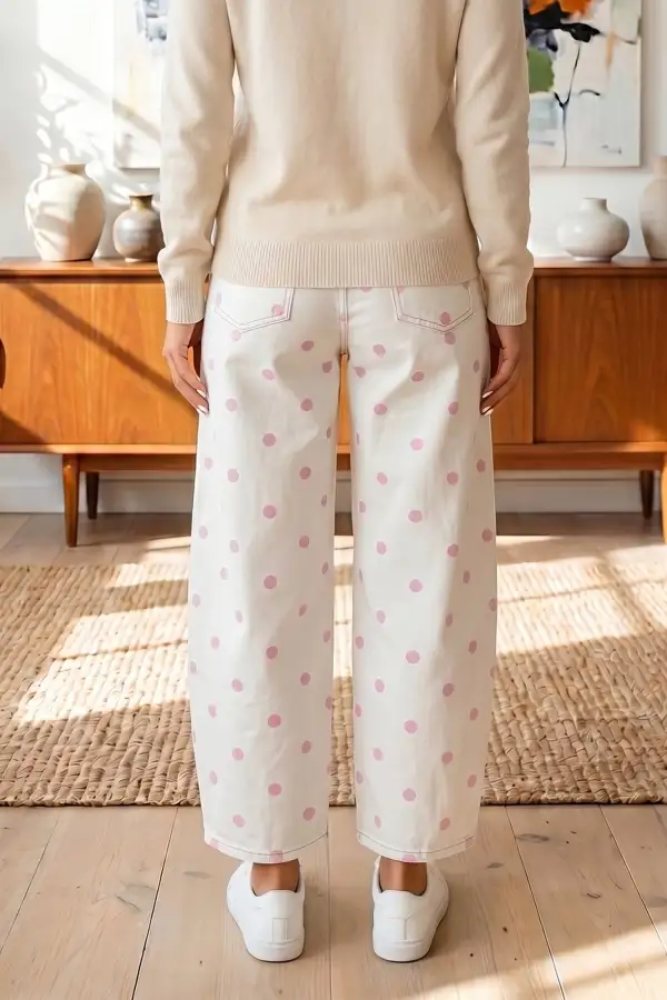 Polka Dot Print Seam Detail Barrel Jeans