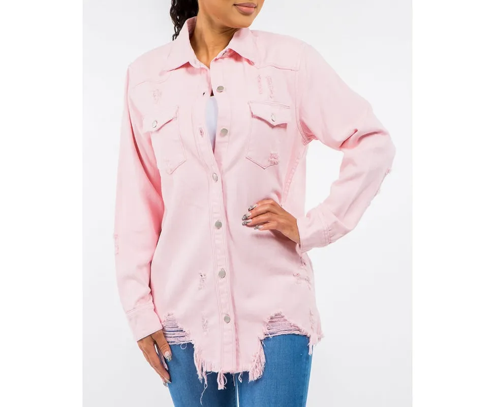 Frayed Hem Distressed Denim Jacket