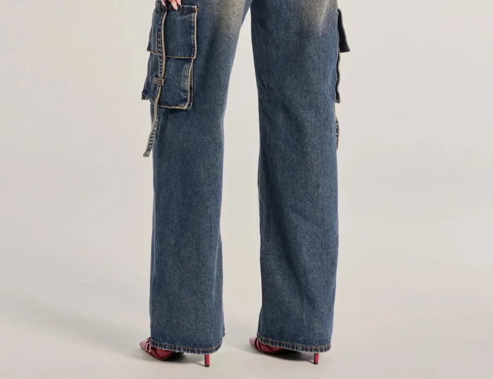 Dark Denim High-Rise Wide-Leg Cargo Jeans