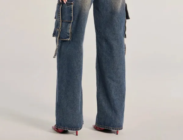 Dark Denim High-Rise Wide-Leg Cargo Jeans