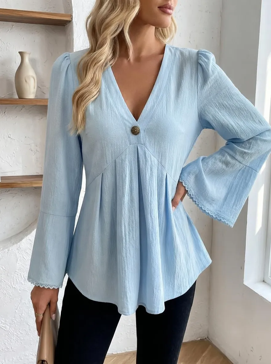 V-Neck Button Front Lace Trim Bell Sleeve Blouse
