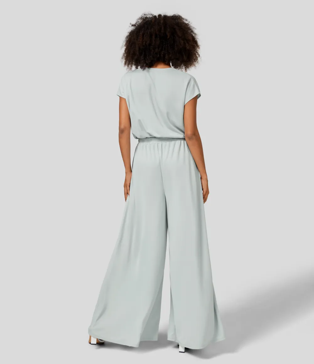 V Neck Short Sleeve Plicated Side Pocket Wide Leg Flowy Waffle Casual Jumpsuit