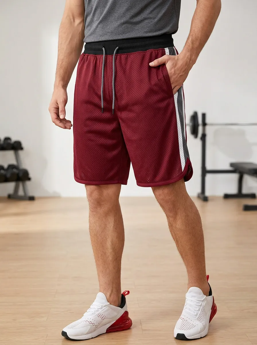 Men's Gym Fitness Burgundy Mesh Striped Athletic Shorts