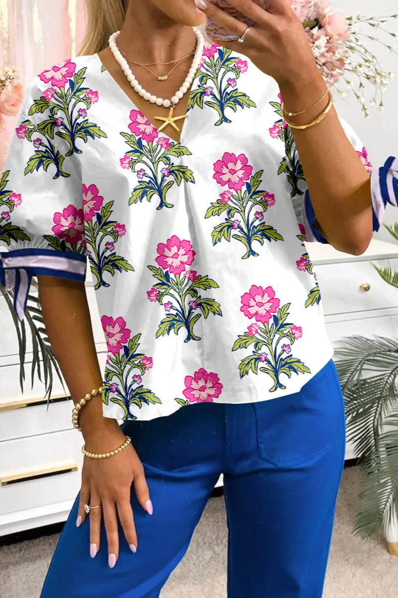 Striped Floral Tie Detail Blouse