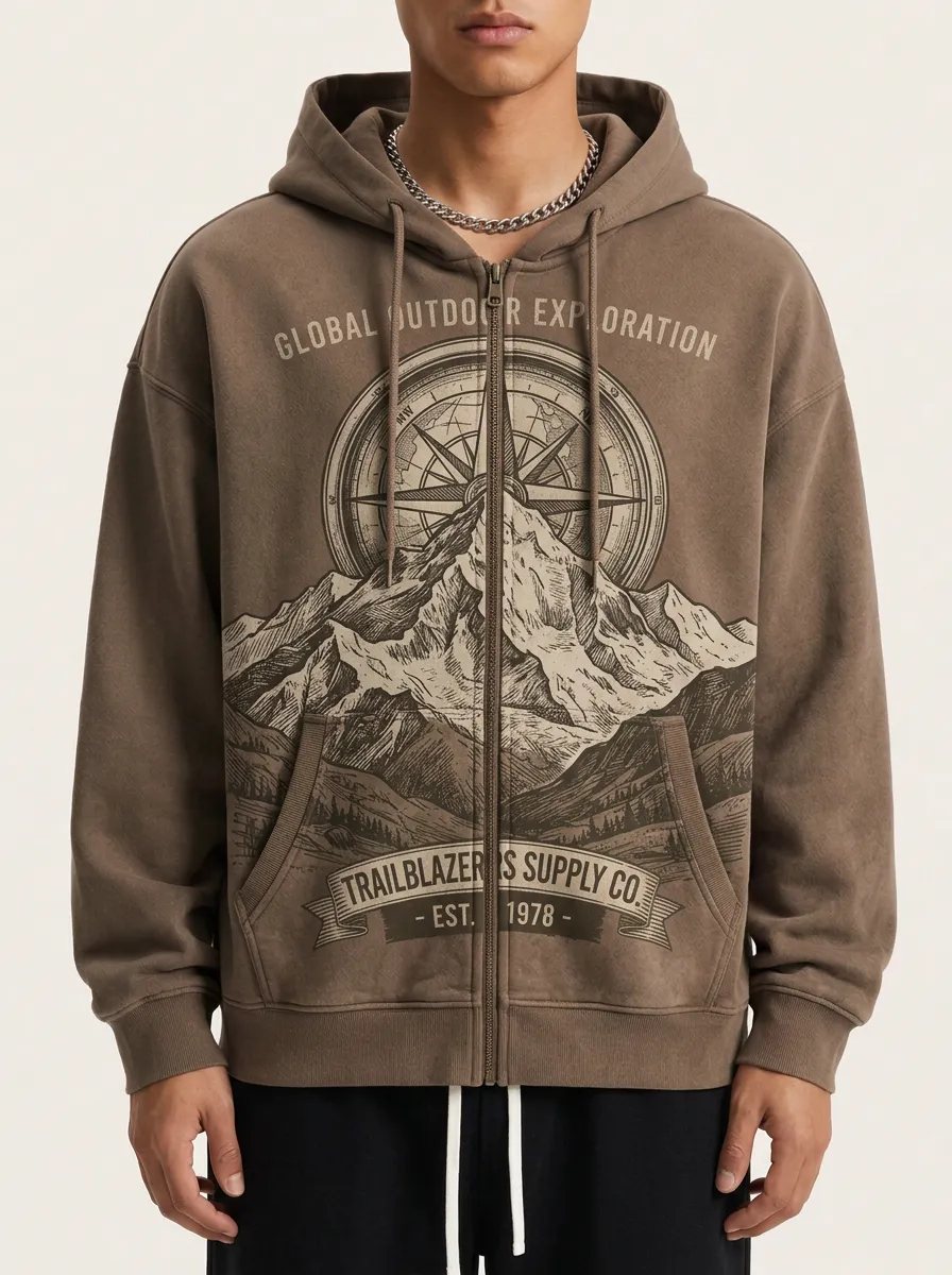 Men's Outdoor Exploration Compass Mountain Printed Zip-up Hoodie