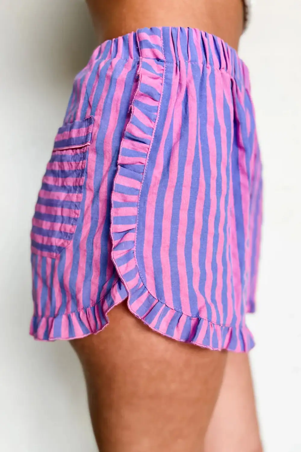 Elastic-Waist Ruffled Striped Casual Shorts