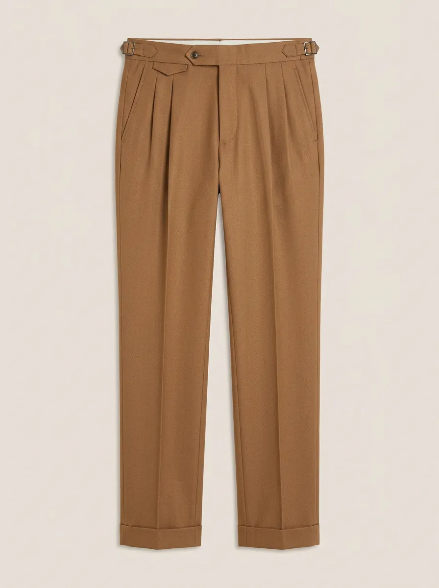 Men's Classic Tan Pleated Side-Adjuster Formal Trousers