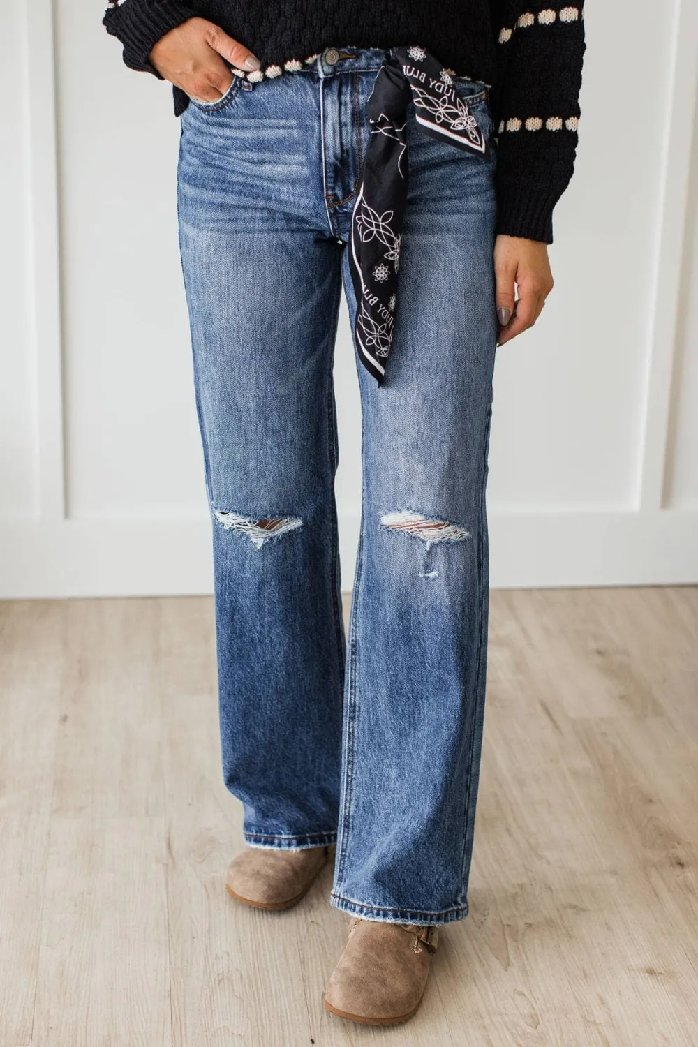 High-Rise Straight Leg Distressed Jeans