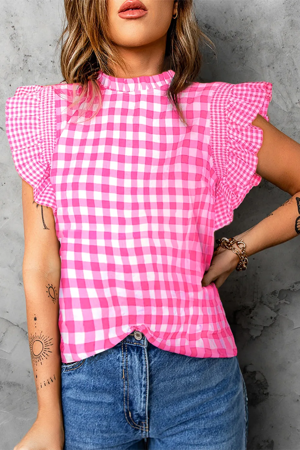 Rose Red Checkered Ruffled Sleeve Blouse